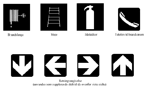 Grafisk illustration af 8 skilte vedrørende ildslukningmateriel: Brandslange, Stige, Ildslukker, Telefon til brandvæsen, Retningsangivelse (anvendes som supplerende skilt)