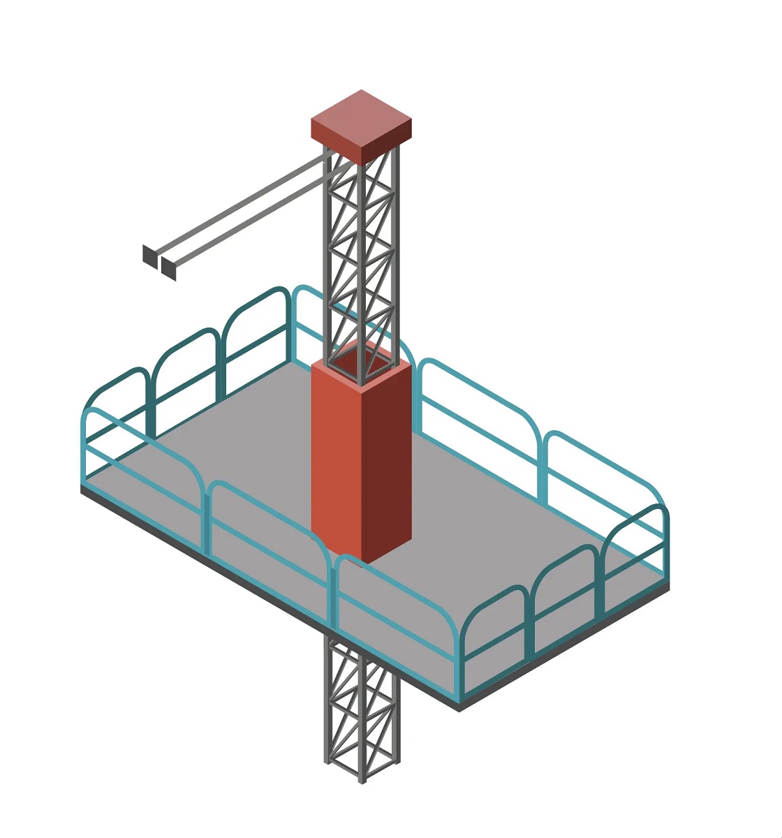 Illustration af arbejdsstandplads med gennemgående konsoludtræk ind mod facaden. Sikring mod klemning sker her med fuld afskærmning af masten.